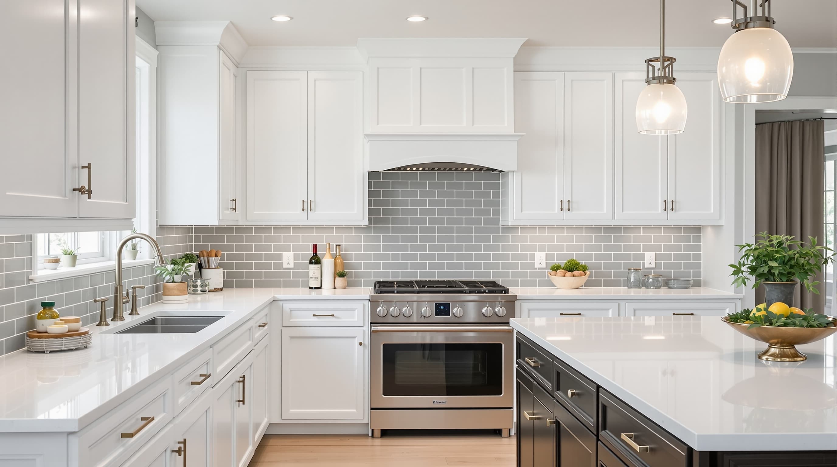 A white kitchen with painted cabinets and a gray tile backsplash