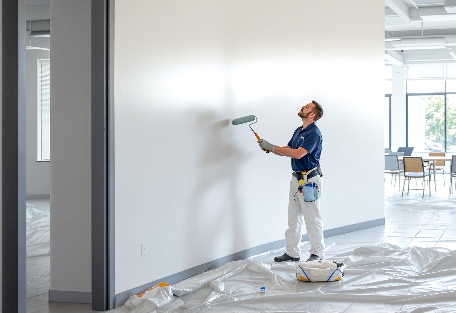 A painter rolling paint onto a large interior wall